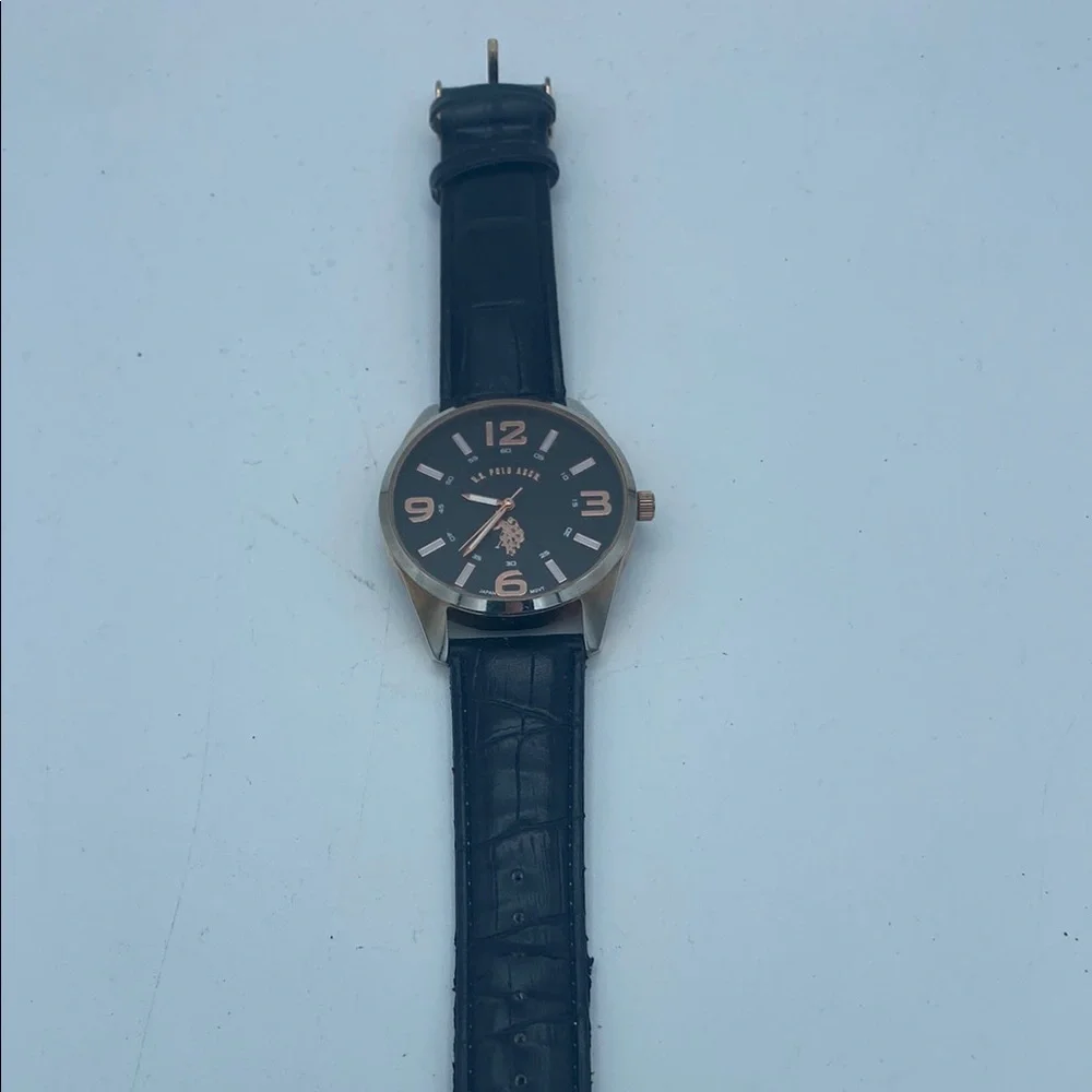 US Polo Assn rose gold tone wristwatch faux leather black band needs battery
